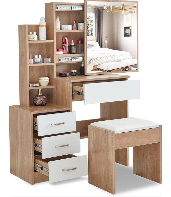 Ensemble de meuble-lavabo moderne avec miroir à DEL coulissant, 4 tiroirs, tablette de rangement, prise de courant intégrée, tabouret rembourré et éclairage réglable à 3 modes pour la chambre à coucher