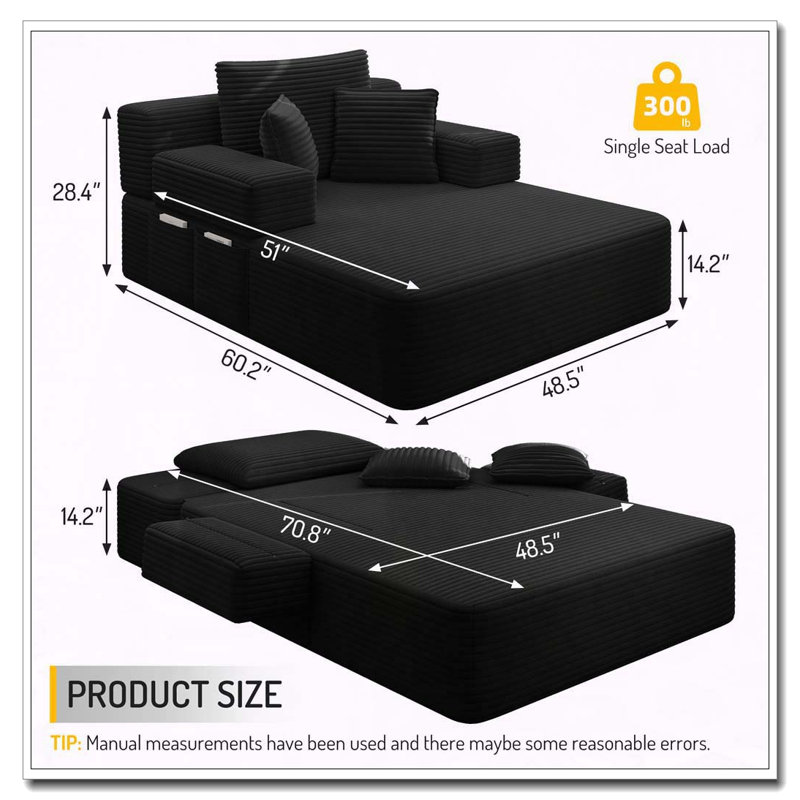 Chaise longue en velours côtelé avec 3 coussins, Noir