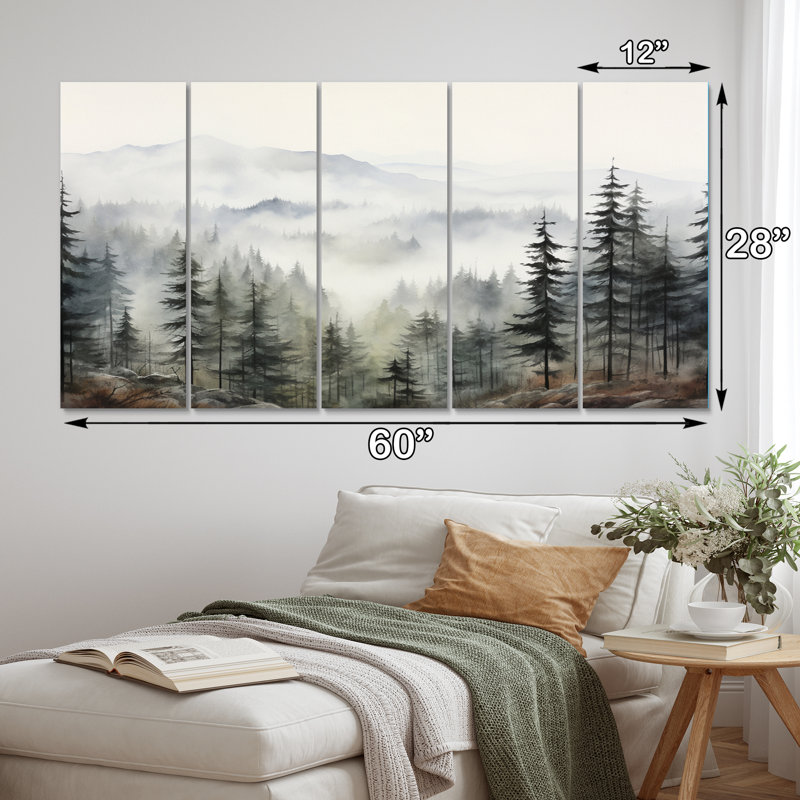 Pin arbre Misty Mountain II - art mural floral salon - 5 panneaux égaux