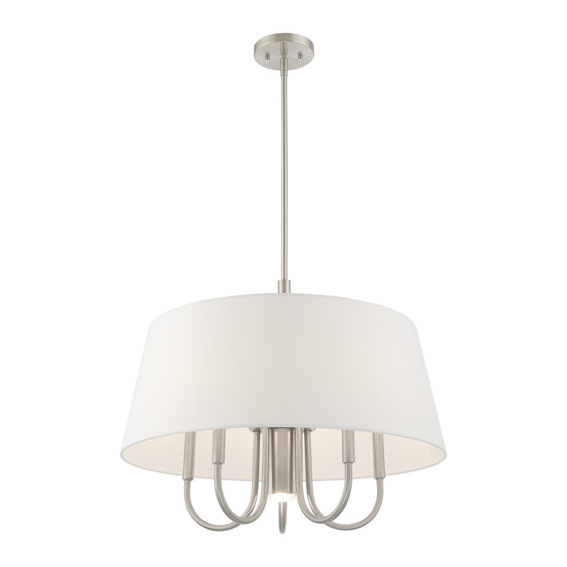 Lustre cylindrique unique et remarquable à 6 lumières Barbora, Nickel brossé, Blanc cassé