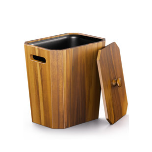 BLUEWEST 2.6 Gallons Acacia Wooden Wastebasket with Lid & PP Liner