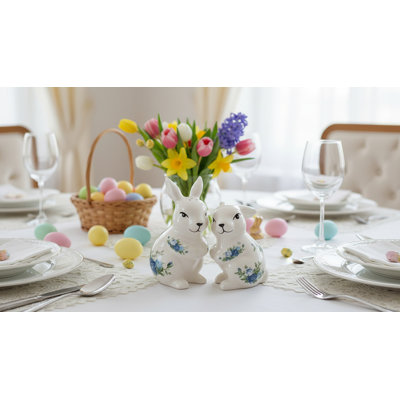 Easter Rabbits With Blue Roses Salt And Pepper