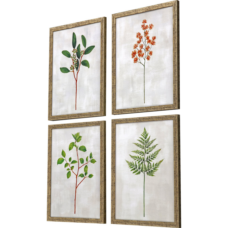 Ensemble de quatre reproductions d'art encadrées dorées Botanical I