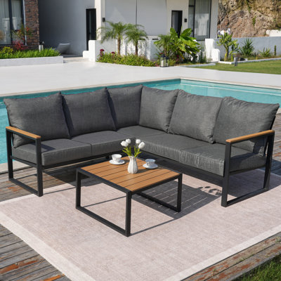 L-Shaped Outdoor Patio Sectional Sofa With Metal Frame And Cushions