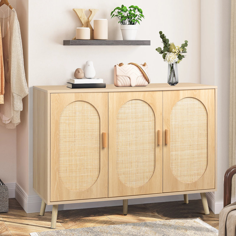 Cissiee Modern Rattan 24 Pair Shoe Storage Cabinet, Natural Wood