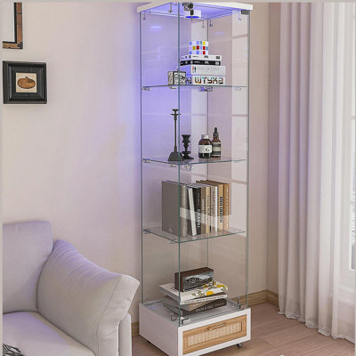 Vitrine moderne en verre avec tiroir, armoire antique à assemblage rapide avec lumières DEL, bibliothèque en verre trempé, armoire de rangement à 1 porte avec 4 tablettes pour le salon et la chambre à coucher