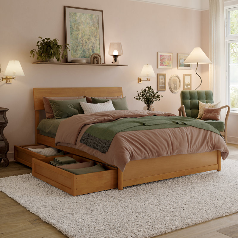 Norla Wood Platform Bed with Storage Drawers, Full, Light Toffee