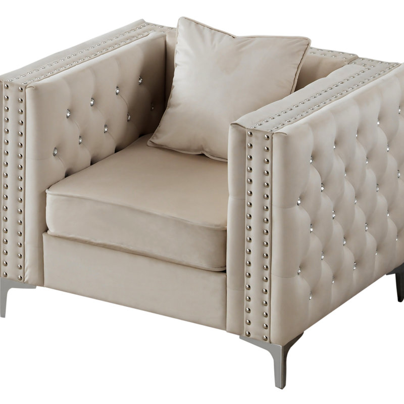 Fauteuil Chesterfield Lieza, Velours ivoire