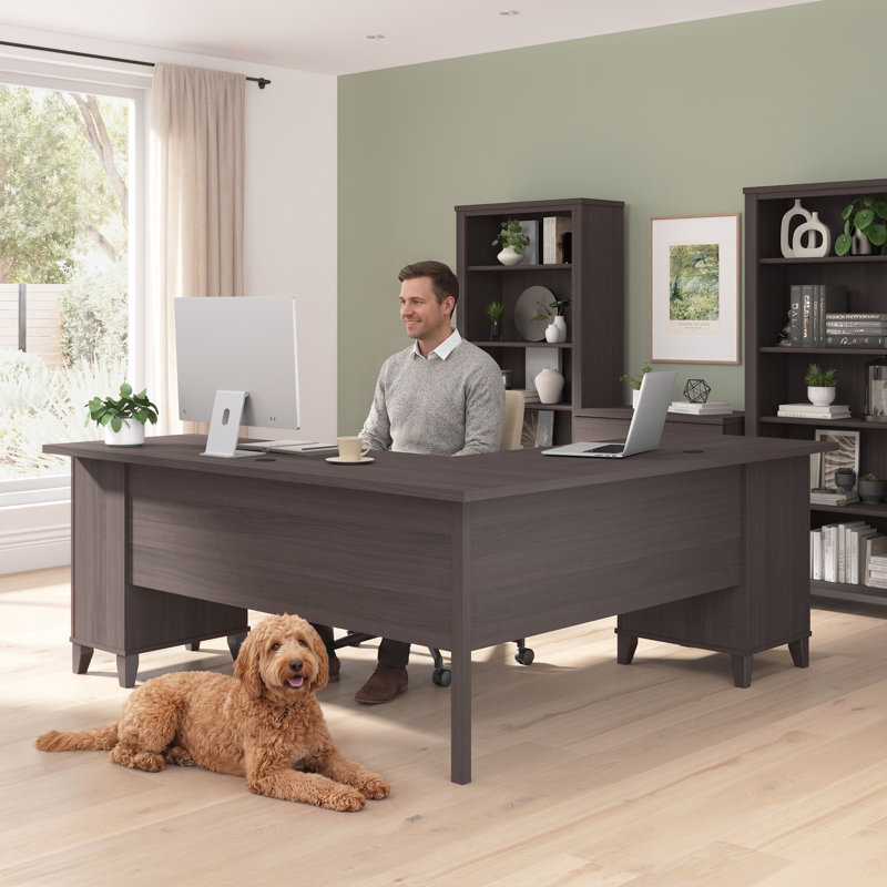 Bureau en L Paelynn de 72 po avec rangement et tiroirs, bureau d'ordinateur de coin, bois moderne, gris tempête, Gris orage