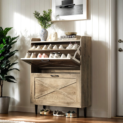 2 Flip 1 Barrier Barn Door Shoe Cabinet Melamine Embossed 31.6In Washed Gray