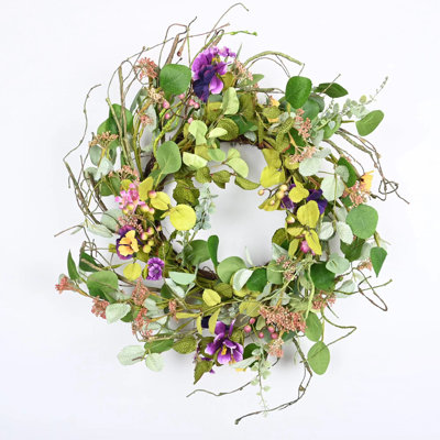 22" Artificial Farmhouse Spring Summer Greenery Foliage Leaves Berry Pansy Floral Front Door Wreath