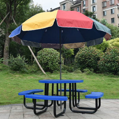 Table de pique-nique ronde en métal de 46 po de couleur bleue, avec support pour parasol, idéale pour le camping, les pique-niques, les insertions extérieures dans la cour arrière, les activités comme le barbecue