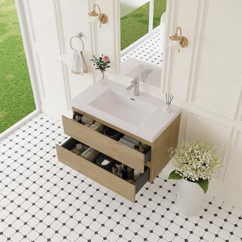 Meuble-lavabo flottant avec lavabo, armoire de rangement murale, plateau à surface solide, tiroirs à fermeture en douceur pour une utilisation organisée dans la salle de bain