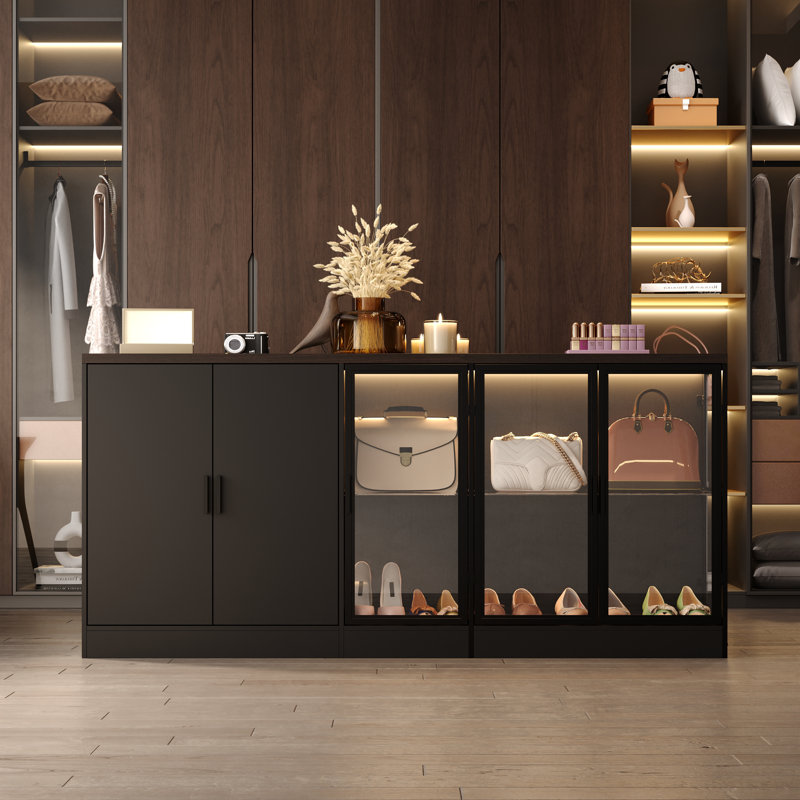 Black Woodgrain Closet Island With LED Lighting & Glass Doors