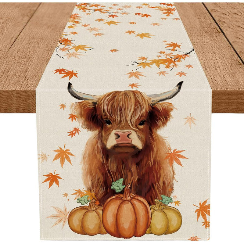 Fall Table Runner Cow Pumpkin Maple Leaf Burlap Thanksgiving Table Runners Autumn Farmhouse Kitchen Dining Table Indoor Outdoor Decorations 13X72 Inch