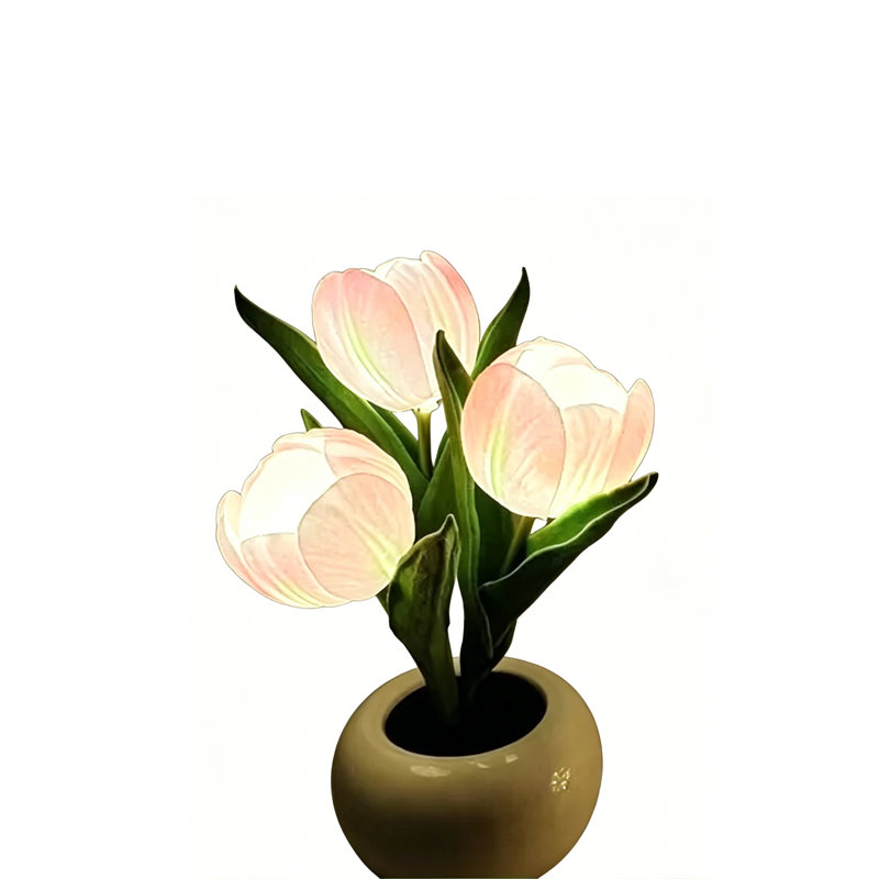 Lampe de tulipe à DEL, réplique de lampe de table à fleurs avec vase (usb-powe) - Pour la maison / le salon / le décor de bureau, appui long sur la luminosité réglable (effet respirant)