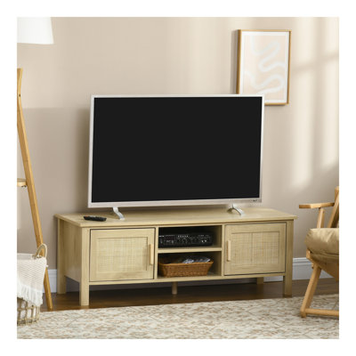 Meuble télé HOMcom Boho pour téléviseur 60 po, meuble audio-vidéo avec porte en rotin, tablette réglable et armoires de rangement, meuble télé en bois pour salon, chambre à coucher, bois naturel