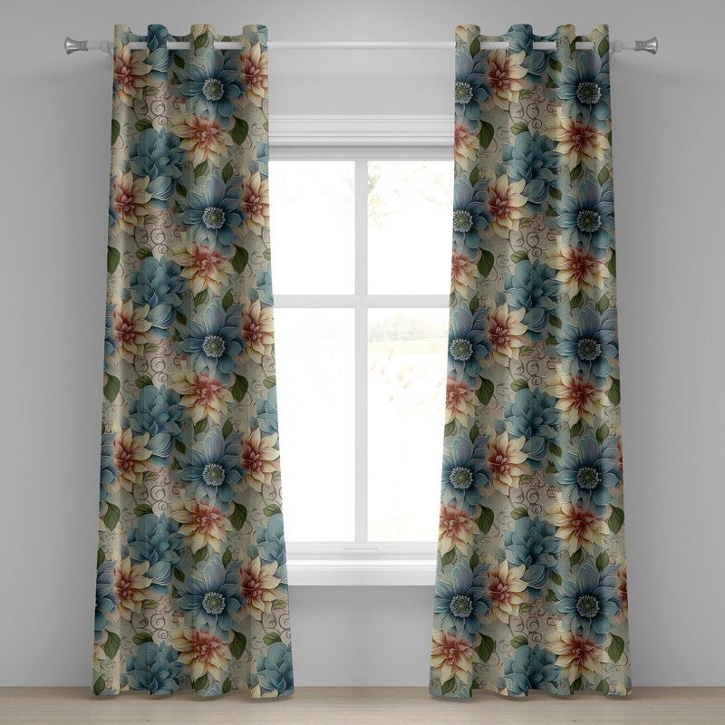 Dakota Fields Floral Design Grommet Curtain Autumnal Flowers Boho 50" x 96" Pale Teal Cream Pale Ruby, 50" W x 108" L