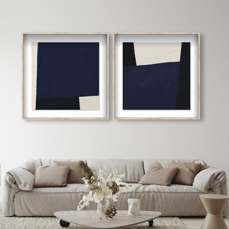 In Blue Set Shadowbox Abstract Print by Oliver Gal, Black Frame, 12 x 12, 41.5"H x 41.5"W, Natural Oak Shadowbox