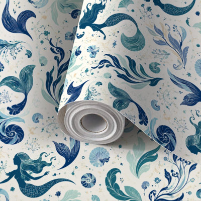 Papier peint adhésif amovible à motif sirène aquarelle bleu côtier, imperméable, rouleau de papier peint décoratif pour chambre d'enfant ou salon, 58 x 300 cm