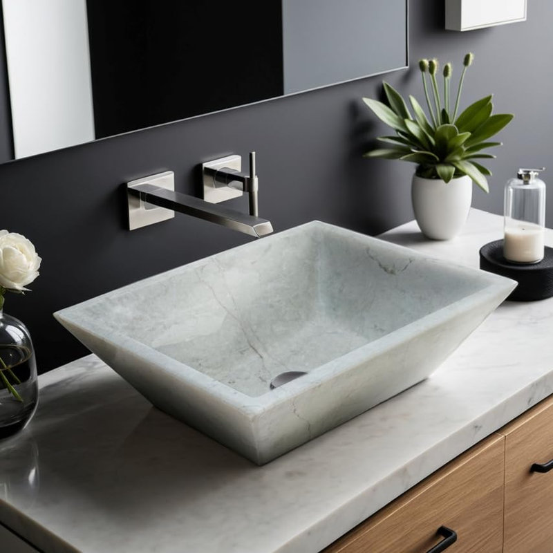 Beige Marble Rectangular Vessel Sink – 16.92 x 13.38 Inch Handcrafted Natural Stone Bathroom Sink