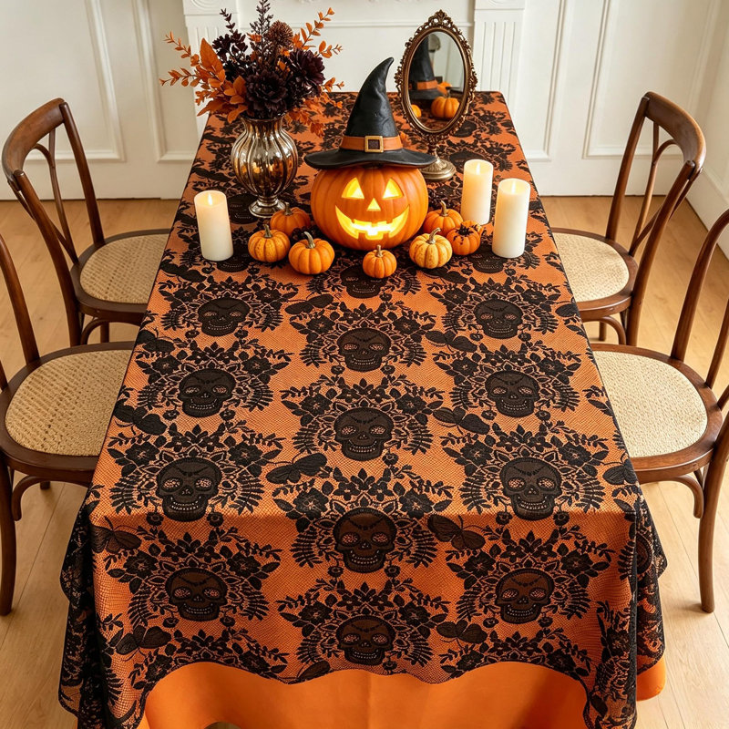 Black Lace Halloween Tablecloth 86.61x39.37 Inch, Skull Pattern Rectangular Polyester Table Cover for Halloween Party Dining Table Decor