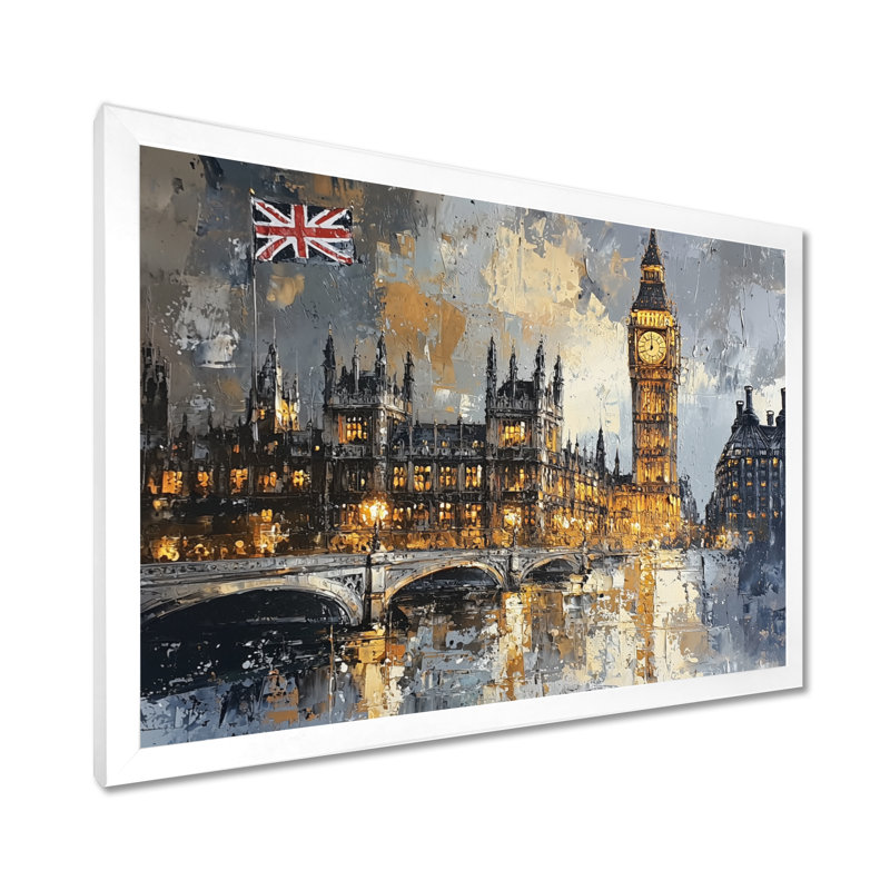 London Big Ben Landscape Glow I - London, art mural, H 12 po x l 20 po, Reproduction encadrée d'une seule photo, Blanc
