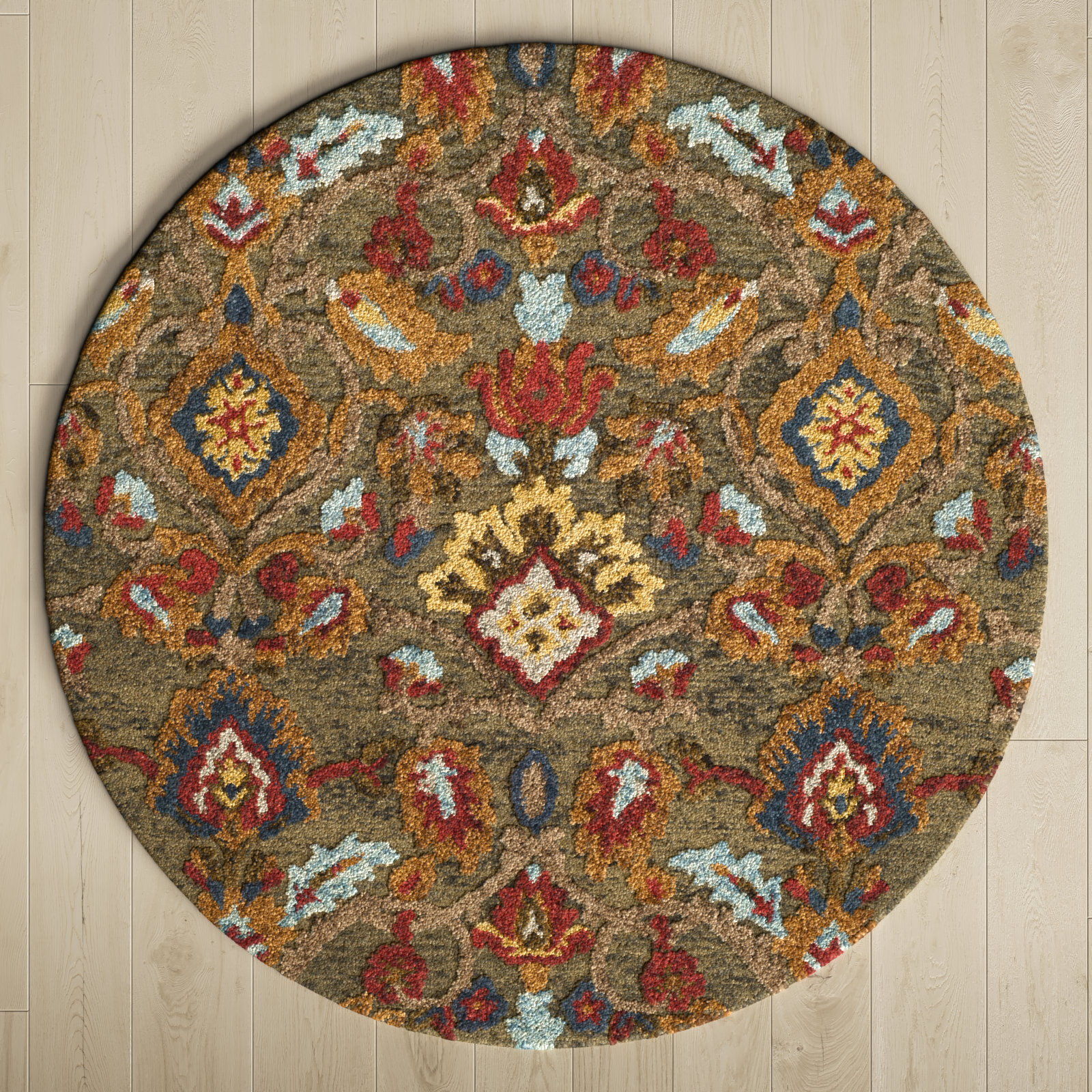 Tansy Handmade Wool Green / Multi Rug, Round 6'
