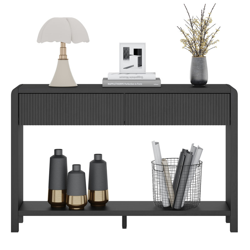 Guinna 2-Drawer Wood Console Table, Black Oak