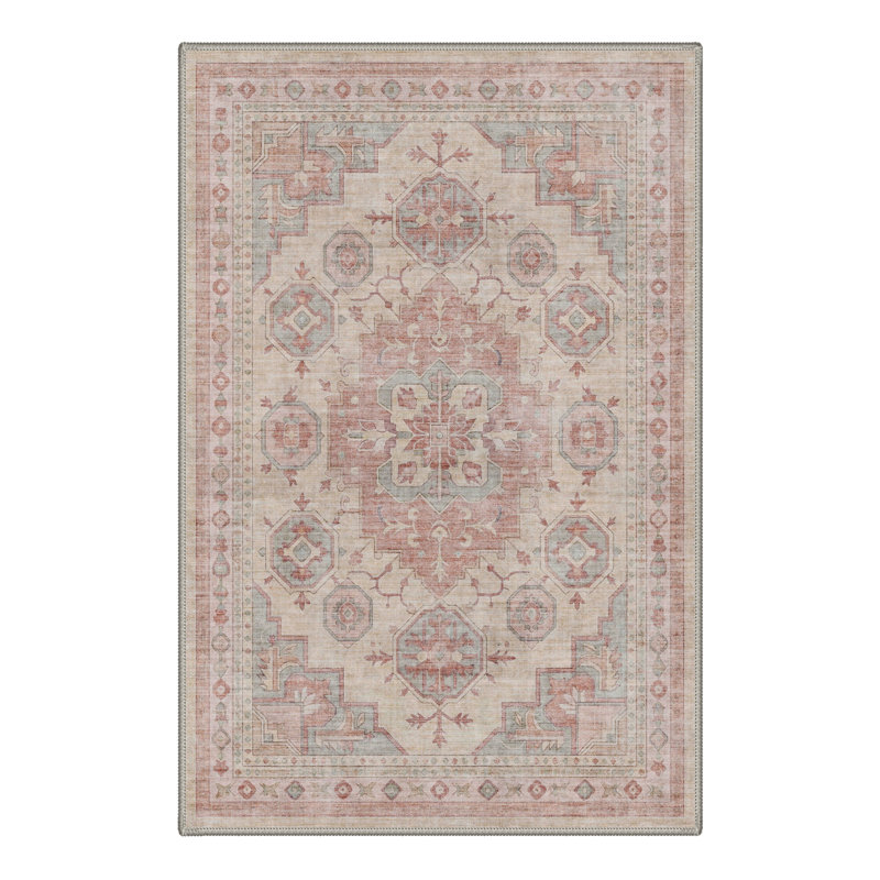 Paillasson oriental traditionnel ivoire/rose performant à poils courts, lavable et antidérapant, Rectangulaire 2 pi x 3 pi