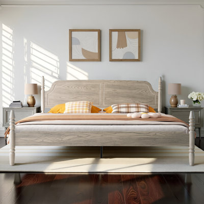 Elorien King Size Modern Farmhouse Solid Wood Platform Bed Frame, ERB-43-K, with Turned Spindle & Panel Headboard, Driftwood Beige, No Box Spring Needed