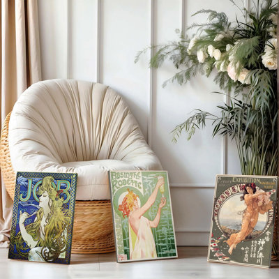 3PCS Wall Arts Posters Framed, Alphonse Mucha Vintage Art Nouveau Canvas Prints Set of 3 - Job Absinthe Robette and The Exhibition Poster Reproductions for Home Decor Living Room Wall Art Decorations