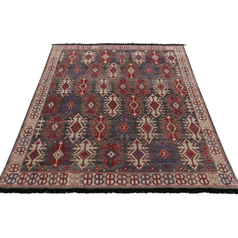 Caucasian Rug In Gray, Red & Blue Geometric Pattern By Rug & Kilim, Rectangle 10' x 14'