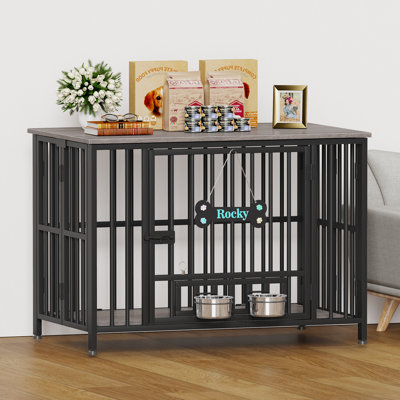 Large Foldable Dog Crate Furniture, Assembly-Free Dog Crate With Adjustable Bowls And Name Tag For Small, Medium, Large Dog