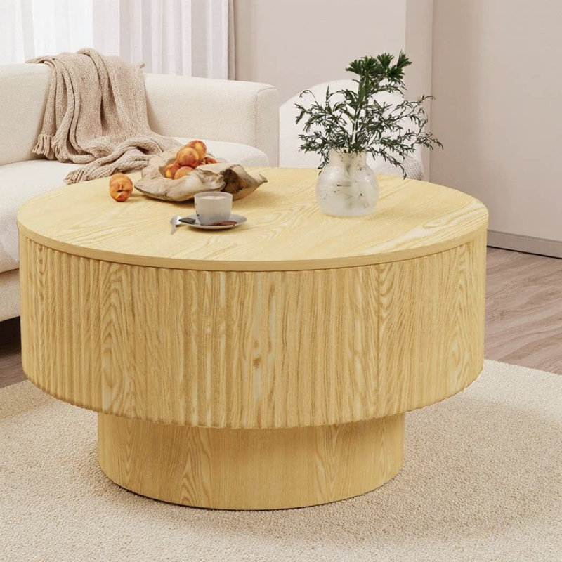 Table basse 29,5 "moderne avec motif rayé rainuré - Table centrale en panneau de fibres à densité moyenne avec tablette de rangement cachée, table d'appoint en forme de champignon pour le salon, la chambre à coucher ou la cuisine