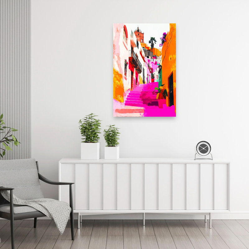 Vibrant Pink City Steps Colorful Vibrant Abstract Architecture City Wall Art Print 1 Piece Wrapped Canvas Wall Art