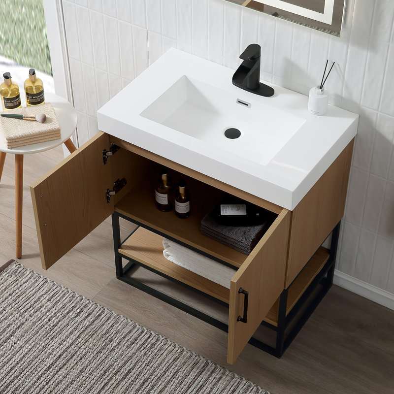 Meuble-lavabo sur pied simple 30 po avec plateau en résine de chêne
