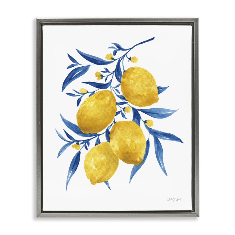 «Blue Leaf Lemons Floater», art mural sur toile par Yvette St. Amant, Cadre flottant gris lustré, H 31 po x l 25 po