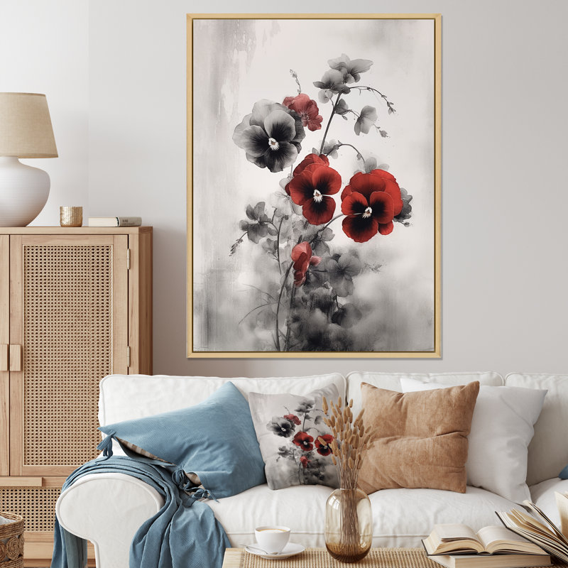 Impression sur toile rouge et grise minimalisme I, Cadre naturel flottant, H 44 po x l 34 po x P 1,5 po