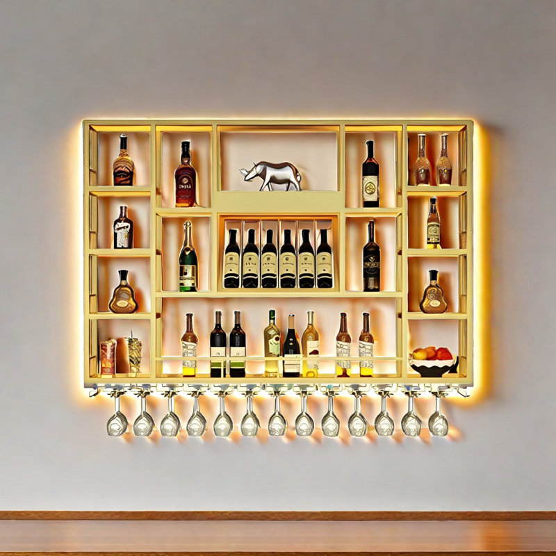 Lacquered Wall Mounted Wine Rack, Gold, 47.2" H x 70.8" W x 7.8" D