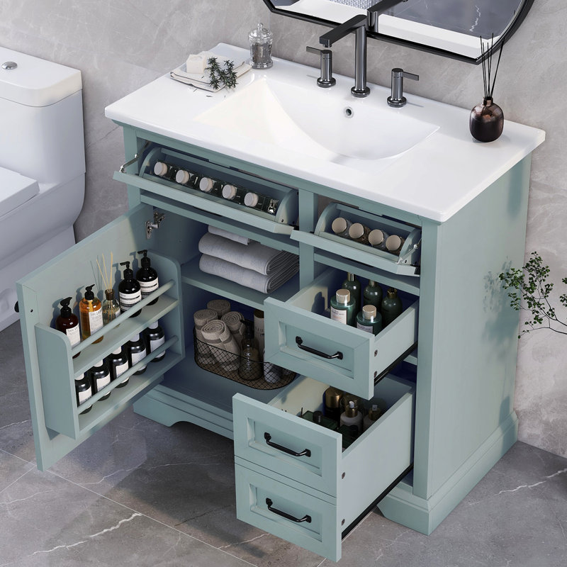 Meuble-lavabo 36 po avec lavabo en céramique et 2 tiroirs basculants 36 po, Gris / vert
