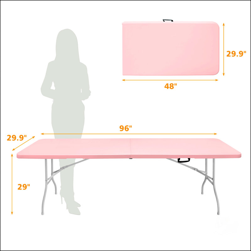 8Ft Pink Portable Folding Table, High Load Bearing, Waterproof Surface For Camping And Events, 28.46" H x 95.98" L x 30" D