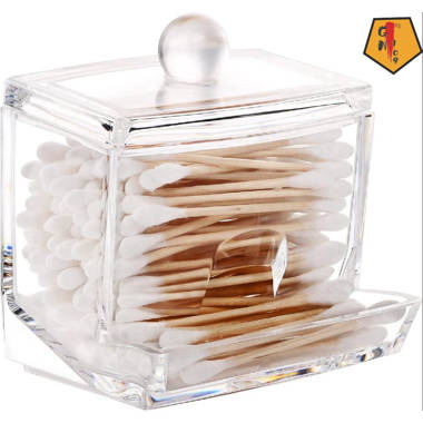 GN109 Modern Square Cotton Swab Holder Acrylic Bathroom Vanity Countertop  Storage Organizer Canister Jar For Cotton Swabs, Rounds, Balls, Makeup  Sponges, Bath Salts-4 H x 3.75 W x 3.75 D