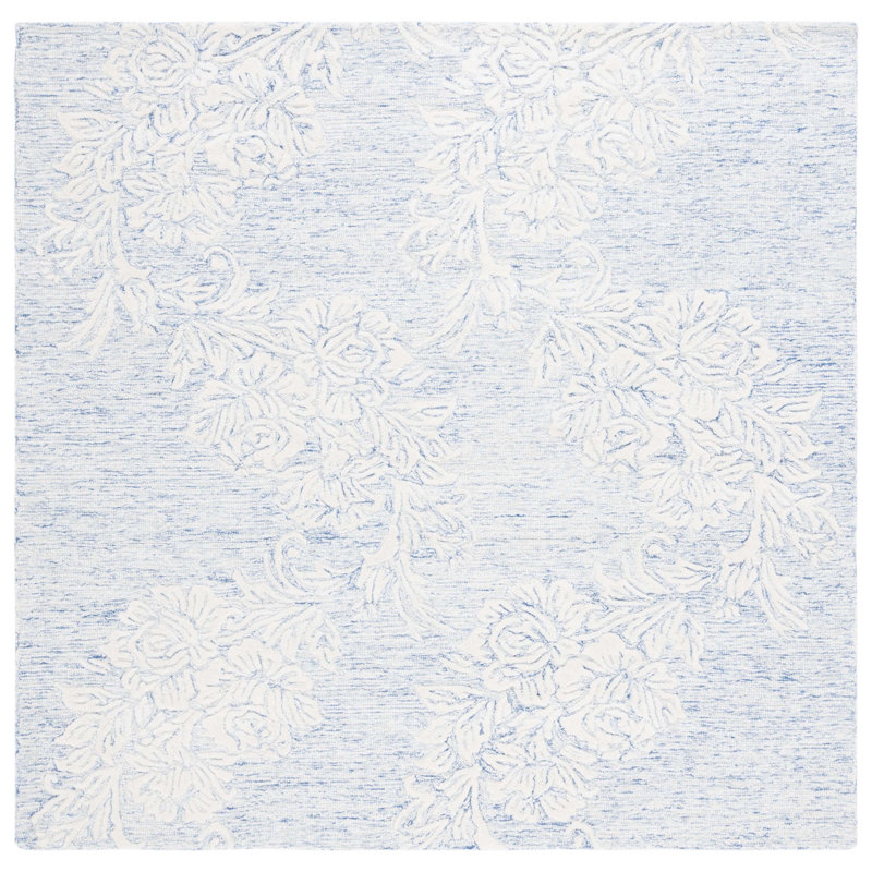 Tapis floral ivoire / bleu en laine / coton touffeté à la main Batholomew, Carré 6 pi