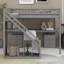 Structure de lit mezzanine avec escalier de rangement avec main courante, commode avec tiroir, DEL, garde-robe ouverte-258157963-258157962