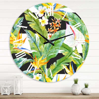 Horloge murale moderne - feuillage tropical et fleurs jaunes II