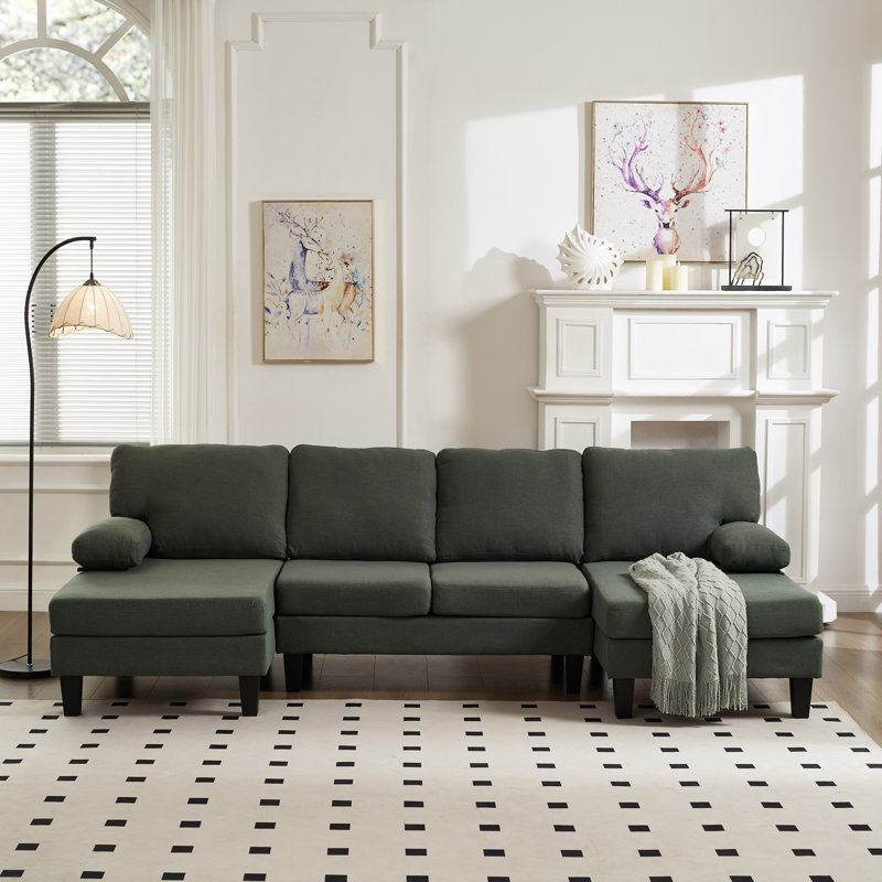 106.3" Sectional Sofa, U Shaped Couch With Removable Sofa Cover, Green Fabric