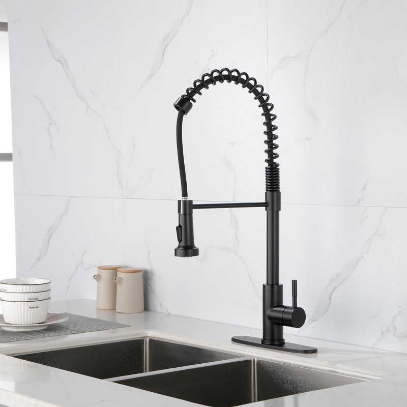 Spring Kitchen Faucet With Pull-Out Sprayer, Stainless Steel Single Handle Single Hole Kitchen Sink Faucet, Matte Black