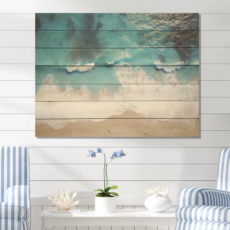 Vagues blanches et bleues vue aérienne I - plage sur bois, H 10 po x l 20 po x P 0,78 po