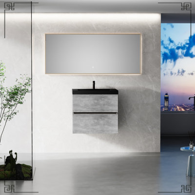 Meuble-lavabo flottant 24 po avec lavabo 24 po, comptoir en sable noir quartz, armoire gris ciment, tiroirs à fermeture en douceur, design fonctionnel, espace, installation facile, rangement pour l'eau, minimaliste moderne, cabinetry rapide,